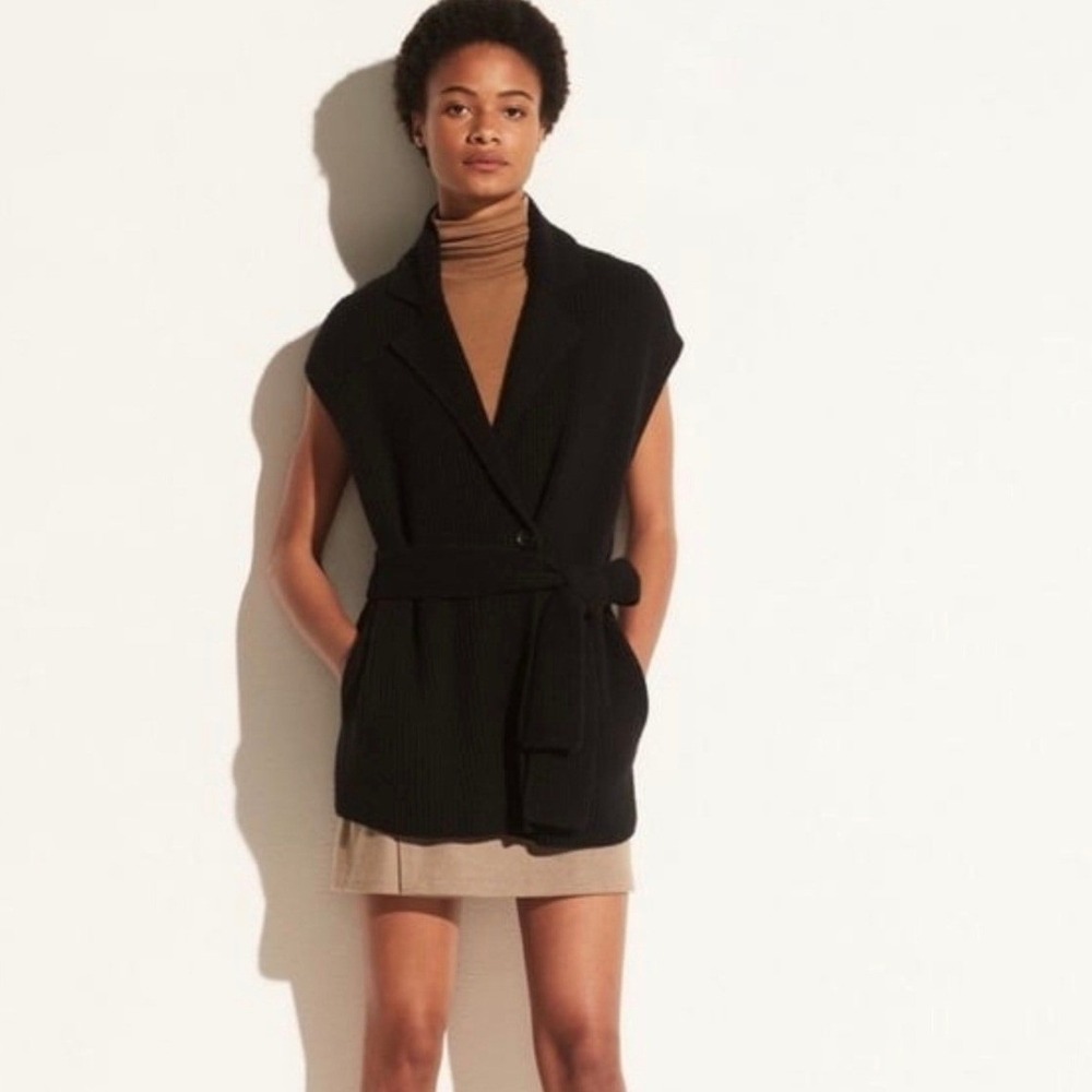 VINCE Wool Cashmere Blend Cap Sleeve Tie Waist Longline Wrap Womens M Minimalist
